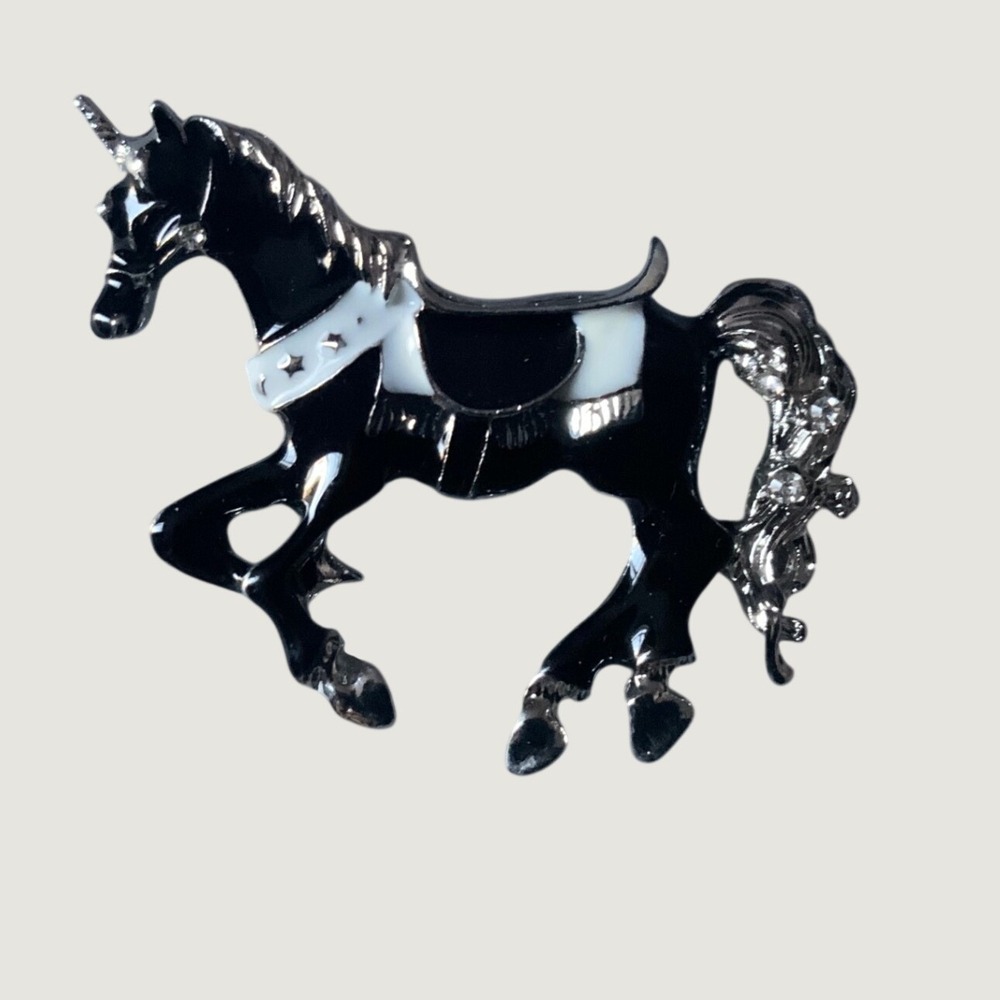Black White Enamel Unicorn Brooch Silver Tone Rhinestone Mythical Horse Pin